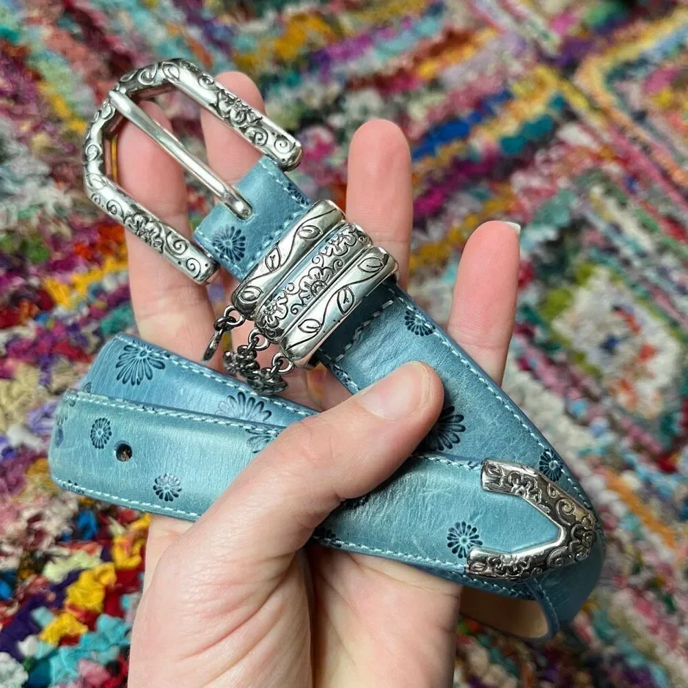 Brighton Blue Floral Tooled Leather Belt Charm Western Boho Y2K ML 32